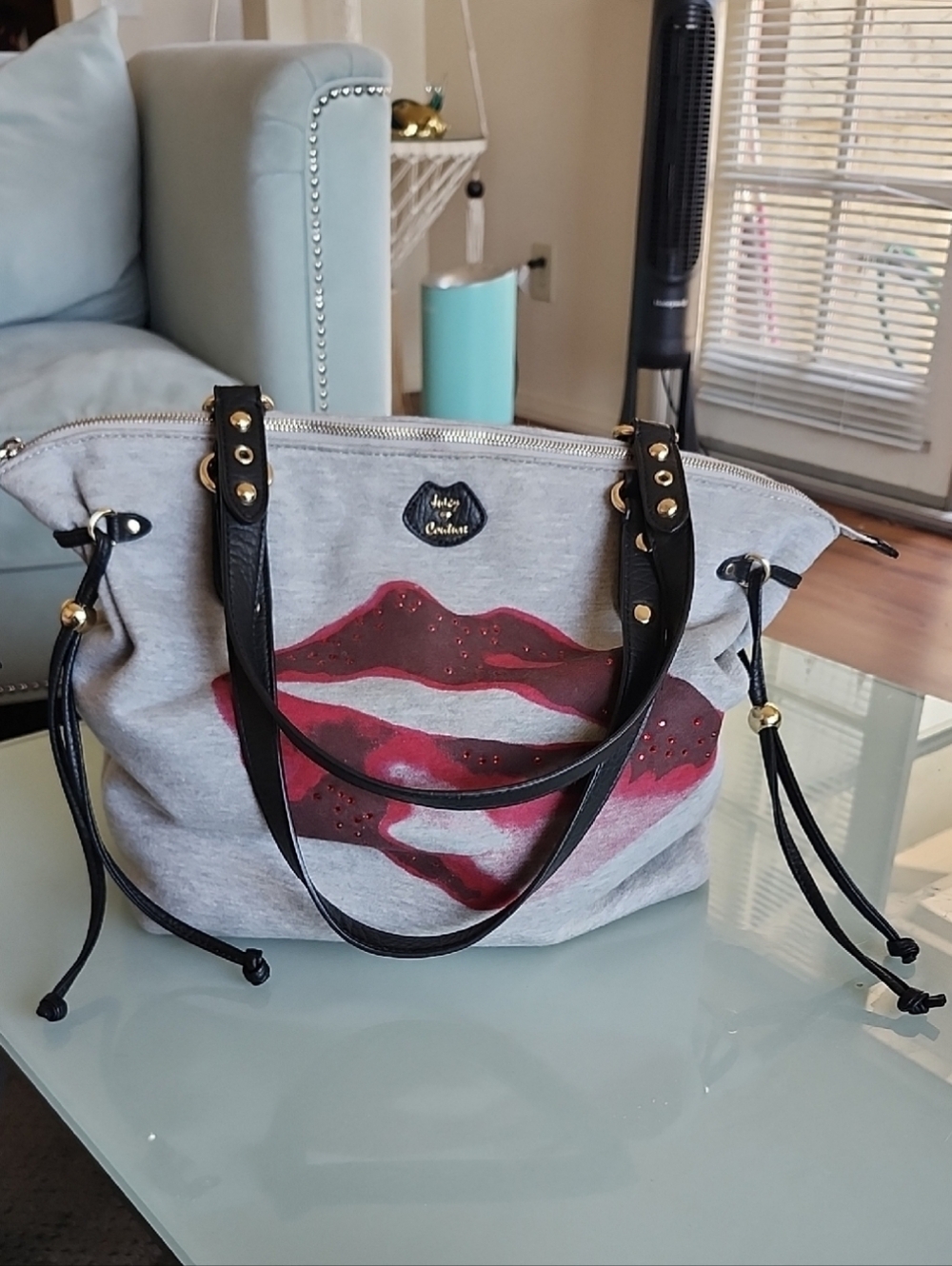 Juicy Couture Jersey Knit Barbiecore Rhinestone Lips Overnight Tote Bag - Picture 6 of 15